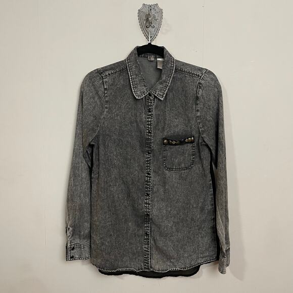 BKE S long sleeve blouse bohemian grunge rock punk acid wash bead snap collared - Picture 1 of 8
